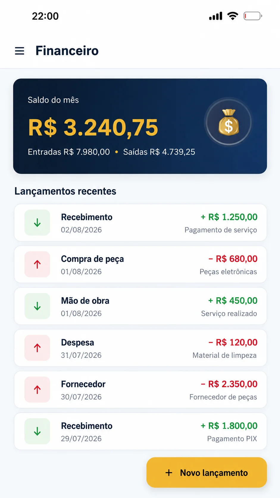Tela de financeiro no app