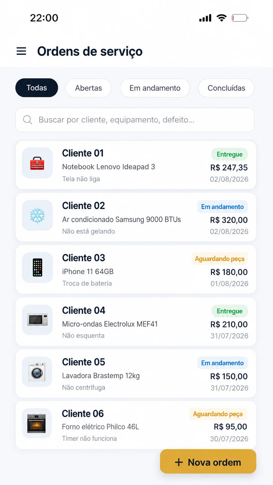 Tela de ordens de serviço no app